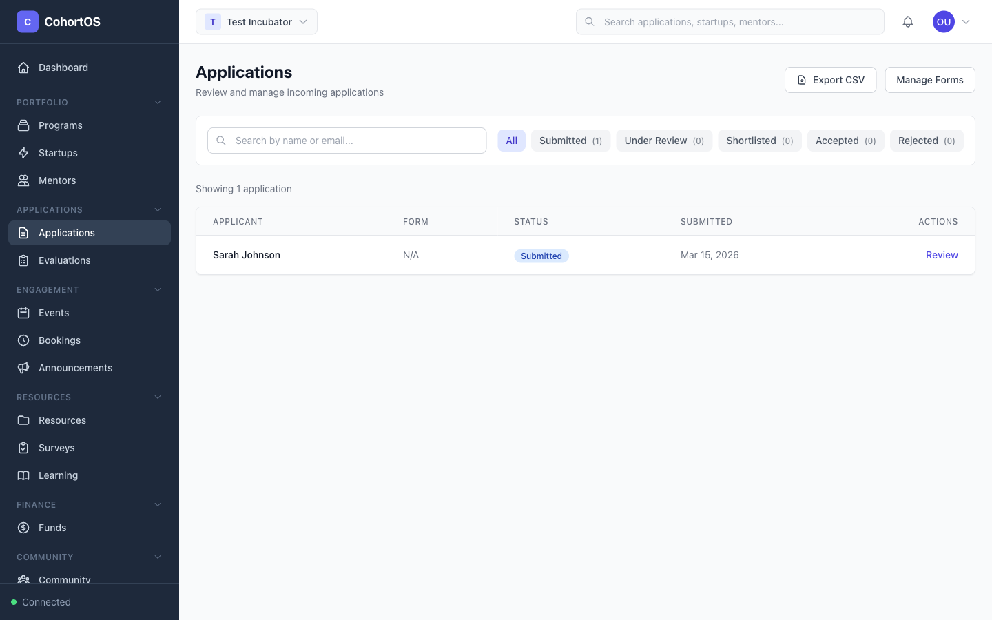 Applications review page