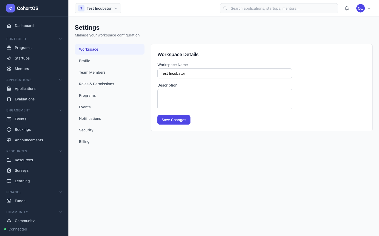 Settings page