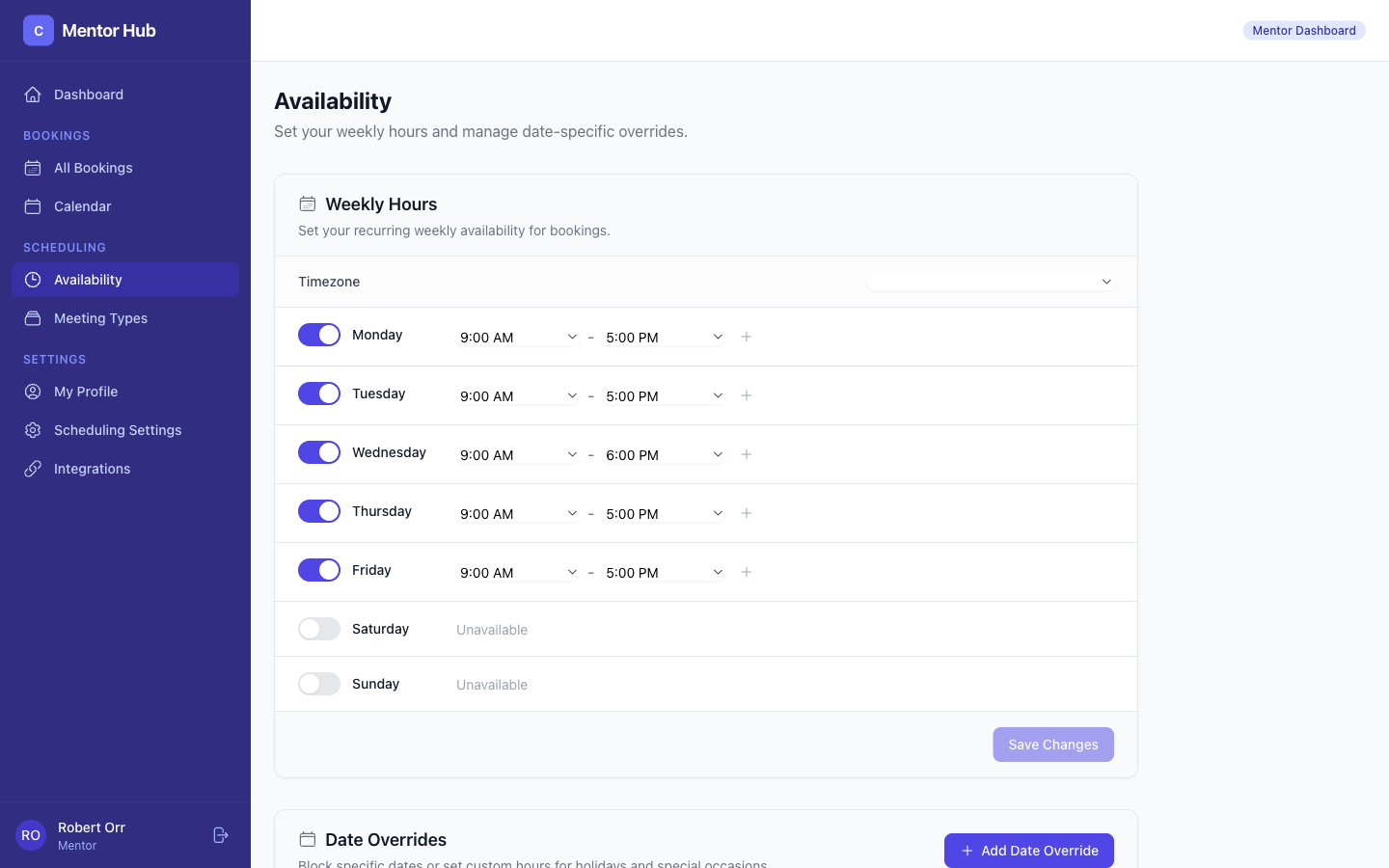 Mentor availability settings