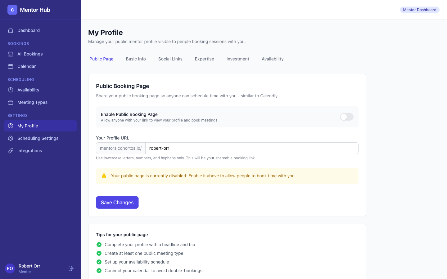 Mentor profile editing