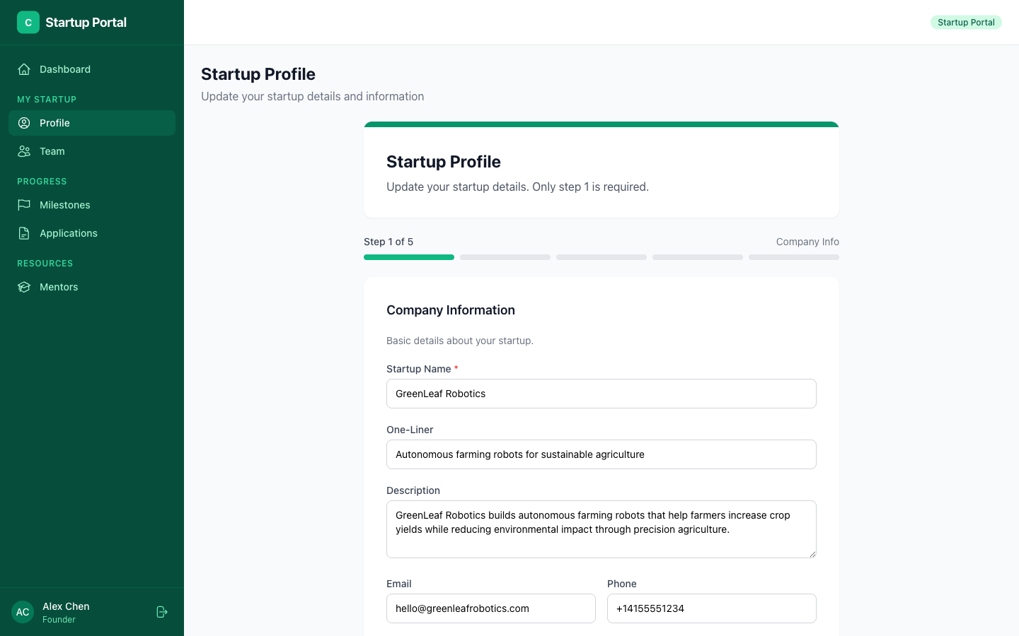 Startup profile page
